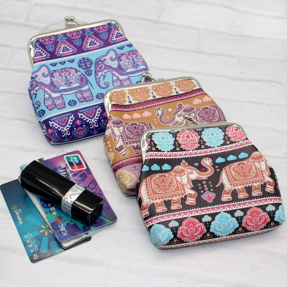 

Printed Elephant Women's Coin Purse Ethnic Boho Small Wallet Bank Business Card Key Holder Money Bag Change Pouch Storage Clutch