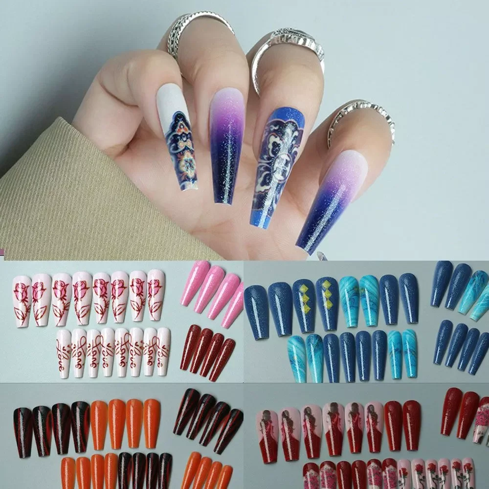 

24Pcs Long French False Nails Charm Design Ballet Coffin Fake Nails Bow Decal Rhinestone Nail Art Tips DIY Manicure Tool