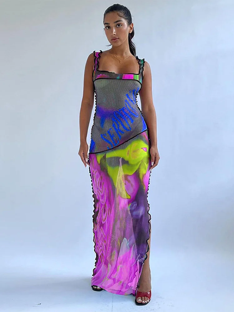 

Women Chic Contrast Printed Sling Dress See Through Backless Sleeveless Maxi Dress 2023 Summer Holiday Fashion Elegant Vestidos