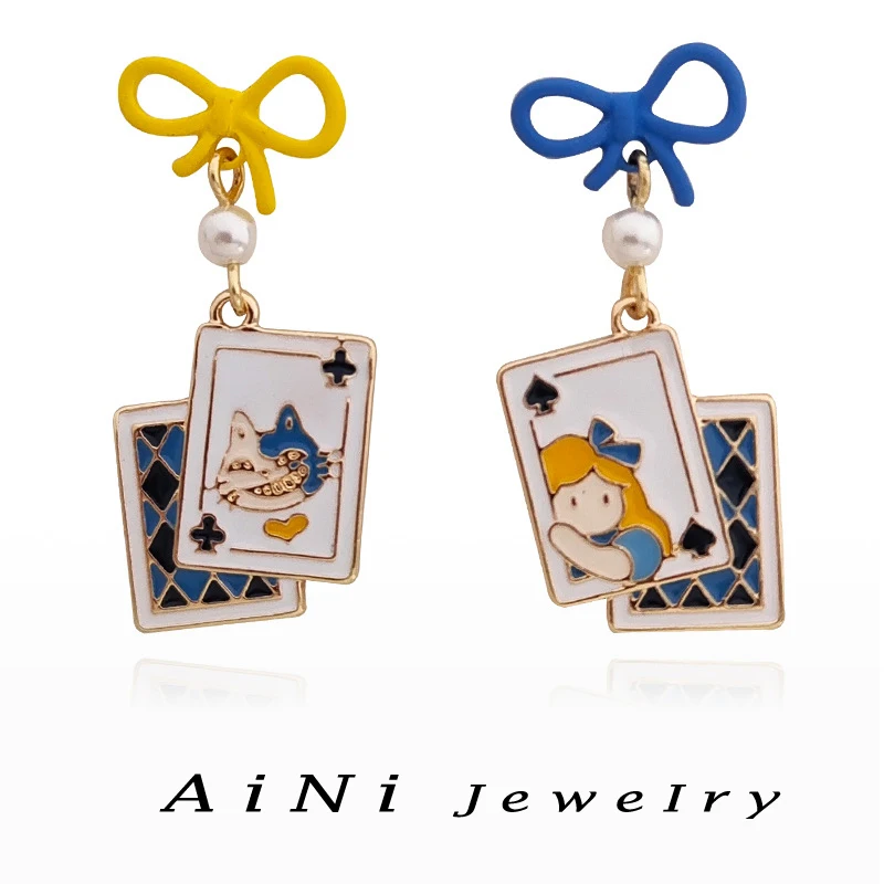 

Sweet Jewelry 925 Silver Needle Yellow Blue Bowknot Earrings Cute Design Asymmetrical Poker Earrings For Girl Party Gift