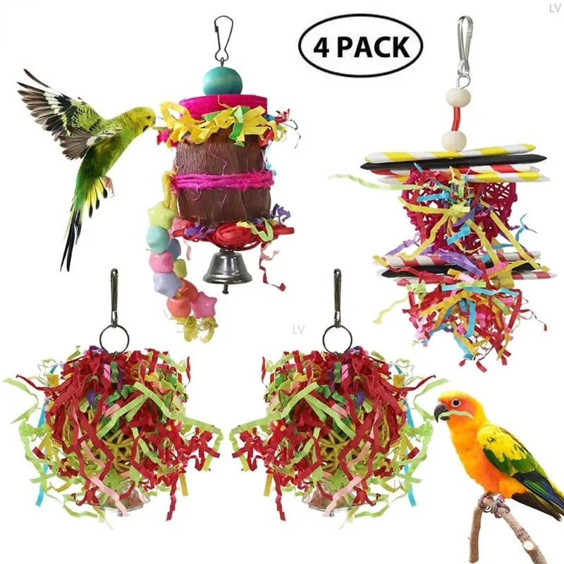 

4pcs Parrot Bird Toy Small Birds Chewing Toys Parrot Cage Foraging Hanging Toy Parrot Bird Toy Swing Stand Parakeet Cage