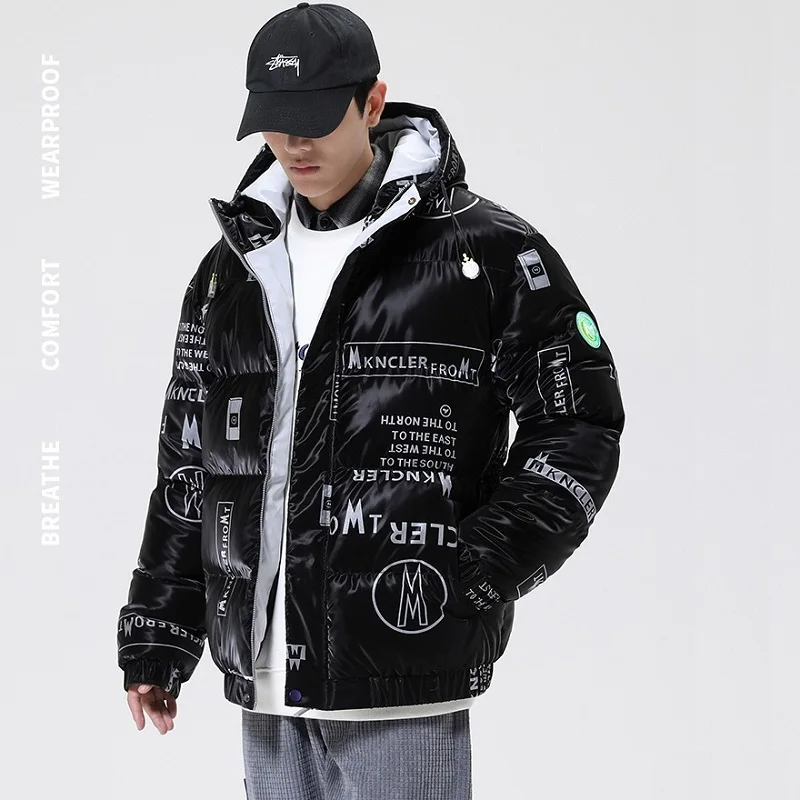 Couples Letter Print Winter Jacket Men Thickened Warm Jacket  Fashion Letter Shiny Hooded Cotton Coat Jacket with Hood