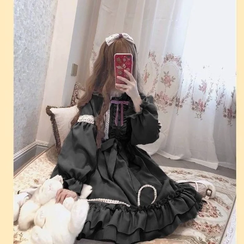 Original Lolita Gothic Retro Skirt Sweet and Cute Kawaii Loli Dress Provence New Op Long-sleeved Dress Black Dress