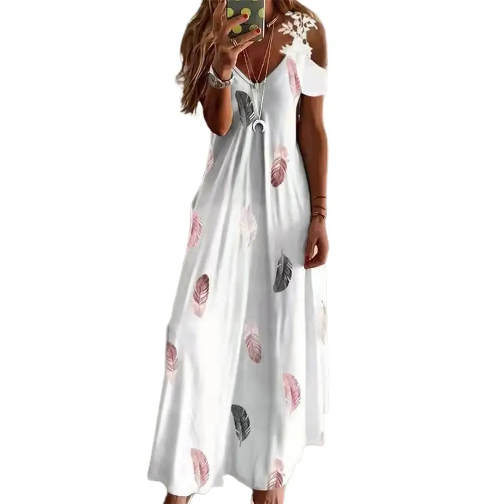 

Female Popular Hollow Out A-Line Maxi Dress Temperament Summer Dress Short Sleeve for Daily Wear