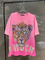 light luxury fashion streetwear pullover t shirt women 2022 summer new elegant colorful crystals leopard hot drilling top tees