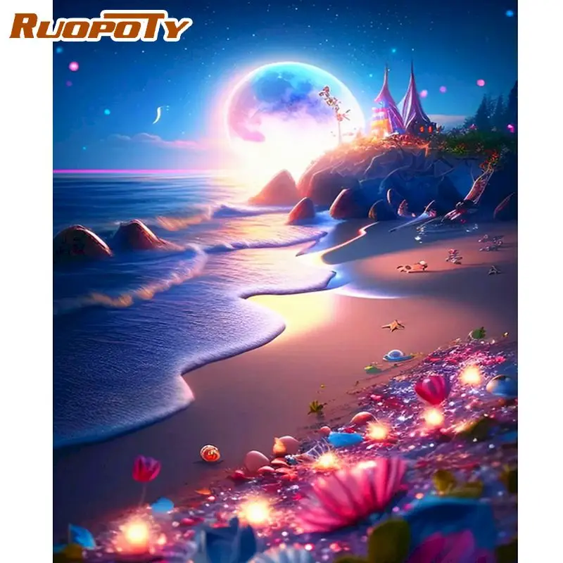 

RUOPOTY Painting By Numbers For Adults Diy Gift Moon Night Fantasy Beach Picture Drawing Coloring By Numbers Starter Kits Home A