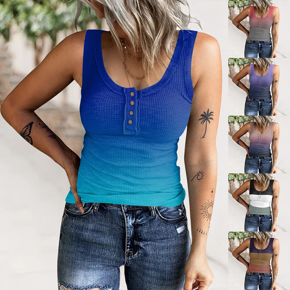 2022 Summer Vest Women's Button Thread Gradient Print Tank Top Round Neck Sleeveless T-Shirt Sexy Top