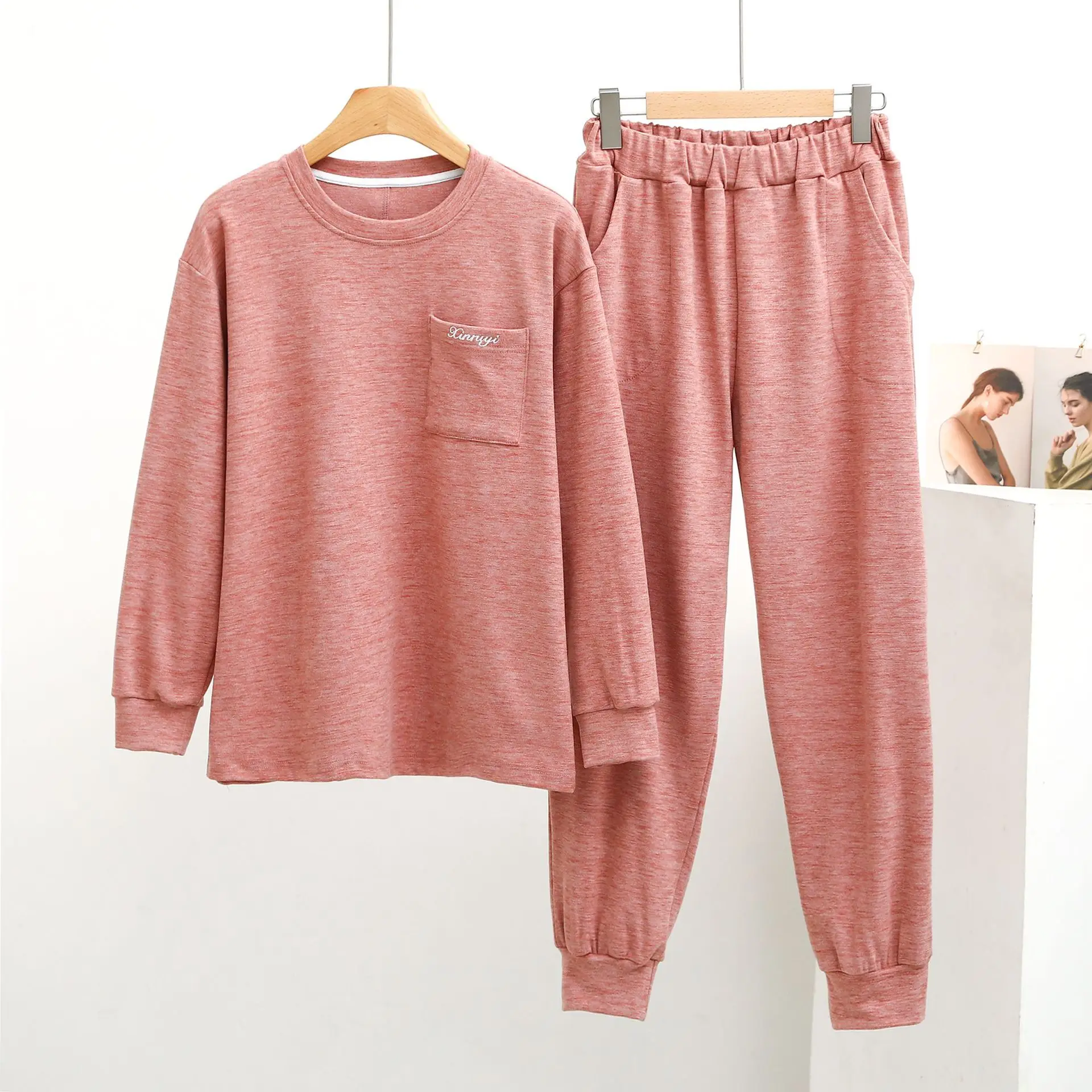 Women Loungewear Sweatshirt Pants Suit Autumn/Winter Symphony Flat Develvet Round Neck Long Sleeve Pocket Home Wear Thick Casual