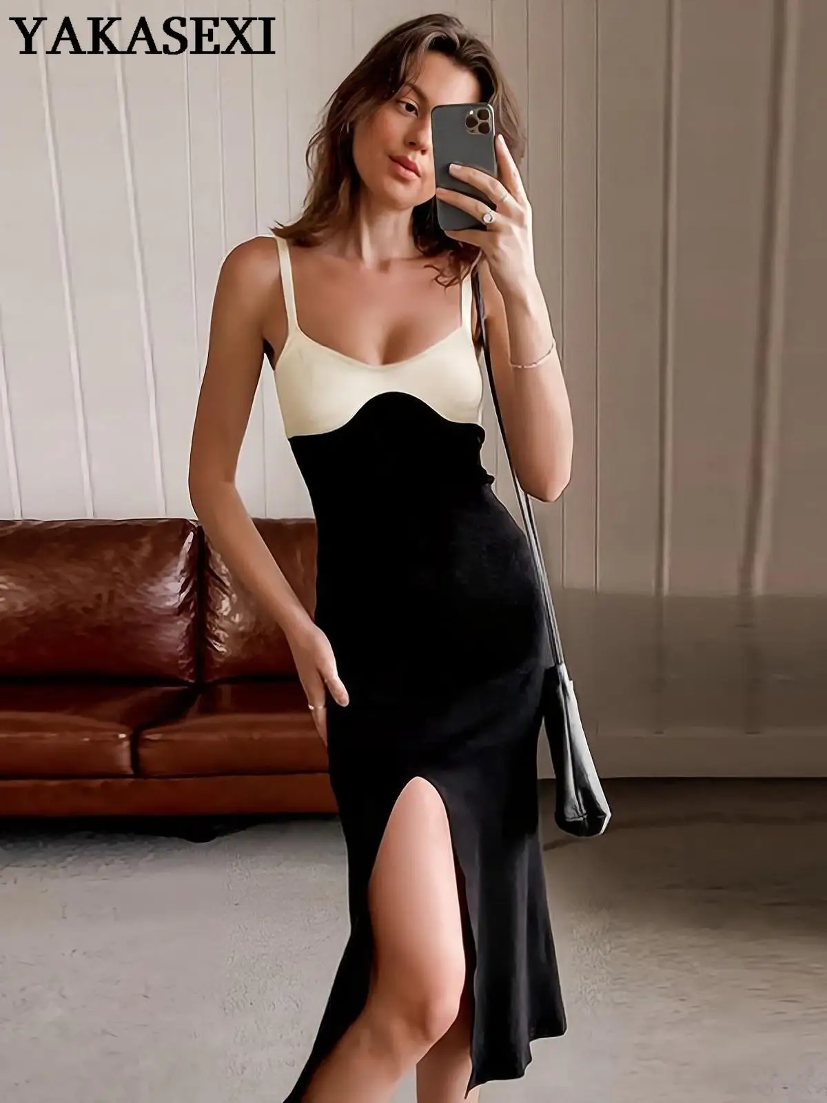

YAKASEXI Patchwork Knit Elegant Dress Women Bodycon Cami Sexy V-Neck Button Midi Dresses Summer Knitted Party Casual Slim Robes