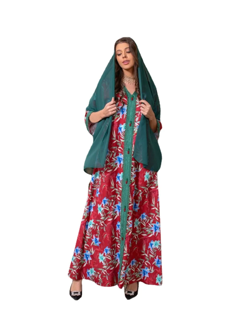 Vintage Muslim Dubai Turkey Abaya Floral Embroidery Guipure Lace Kaftan Dress Spring Long Sleeve Printed Maxi Dress Ramadan