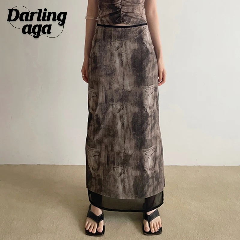 

Darlingaga Grunge Fairycore Tie Dye Mesh Skirt Y2K Aesthetic Vintage Party Maxi Skirt Female Side Slit Boho 2000s Goth Outfits