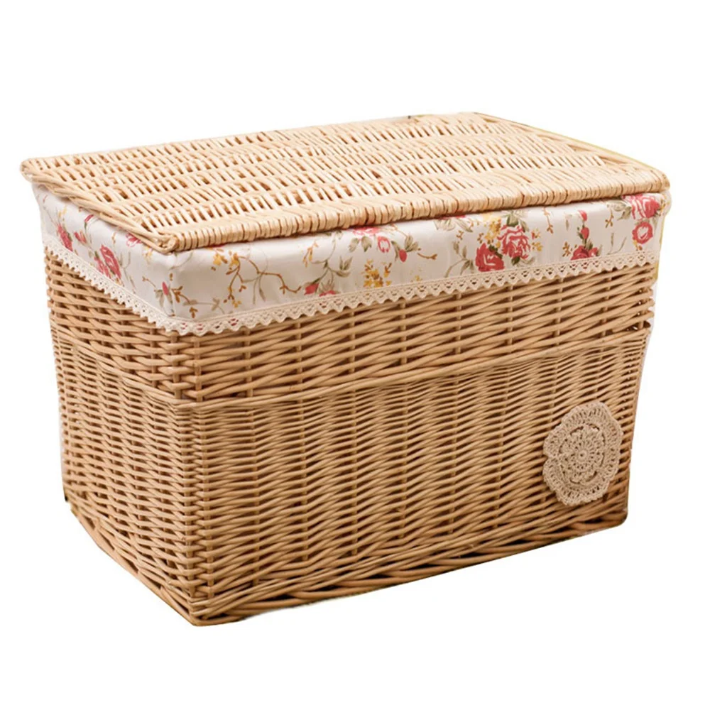 

Wicker Storage Basket Hand-Woven Storage Basket Multipurpose Container with Lid for Desktop Home Decoration