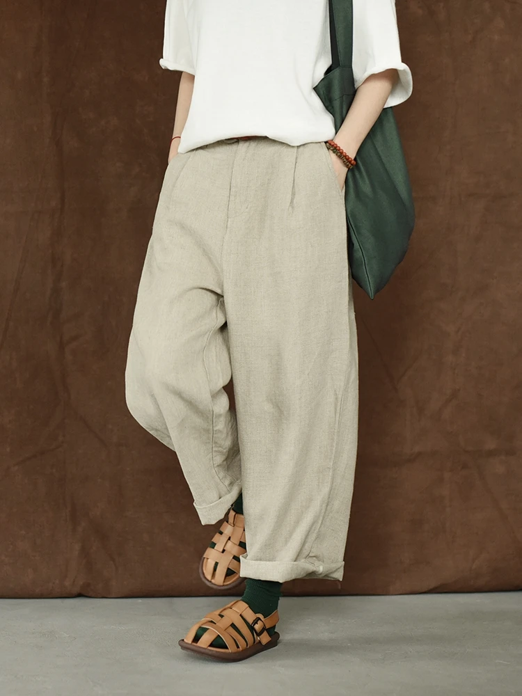 63-92cm Elastic Waist / Spring Summer Women Casual Loose All-match Japan Style Comfortable Natural Linen Trousers Straight Pants