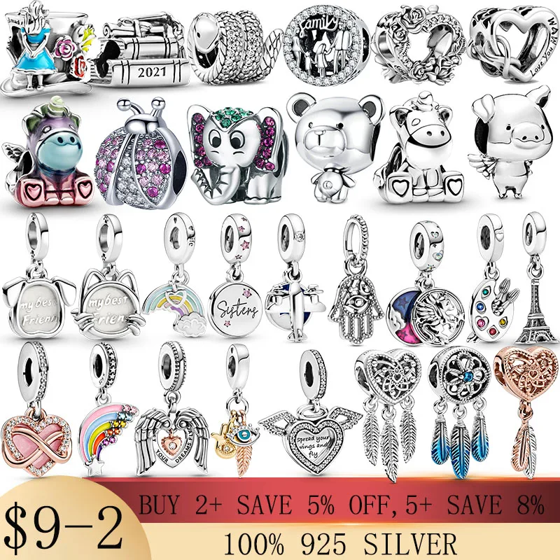 

925 Sterling Silver Angel Wings Ladybug infinity footprint Beads Rainbow heart mom Charms Fit Original pandora Bracelet Jewelry