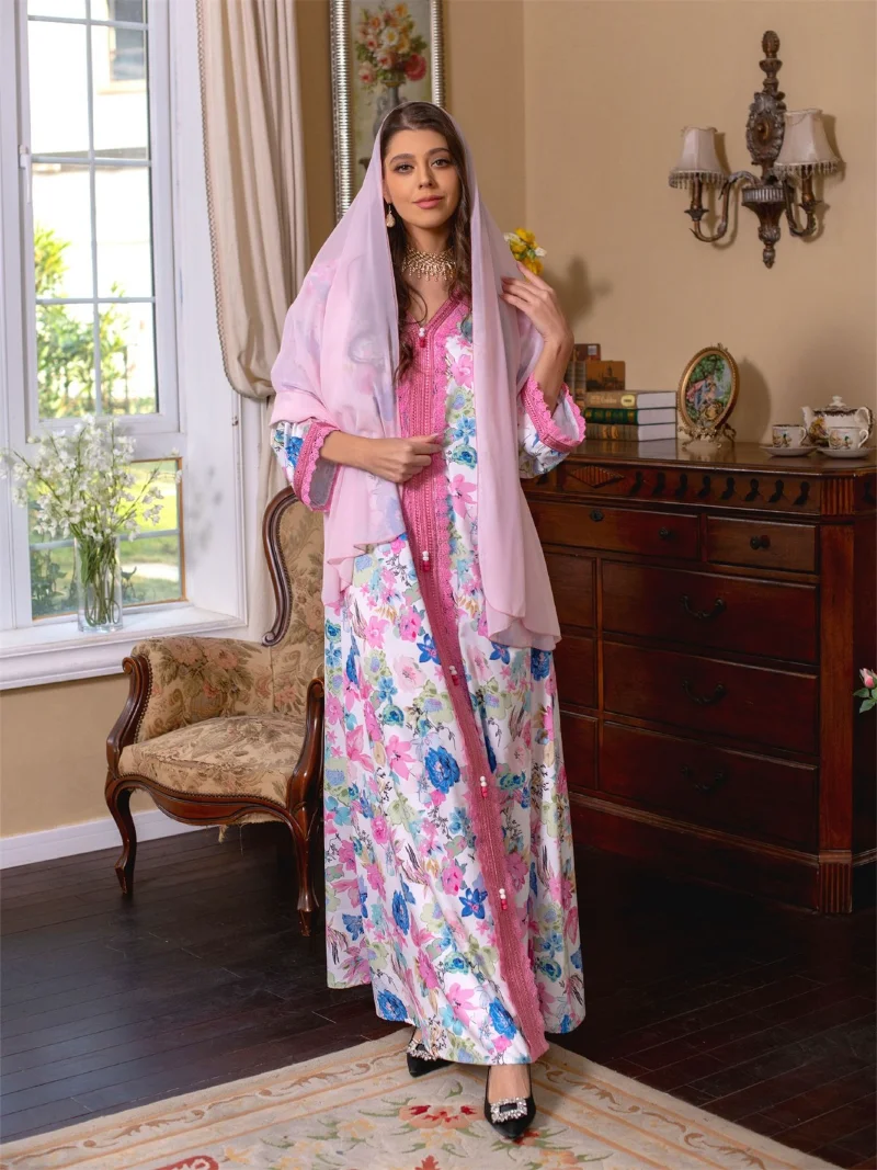 Jalabiya For Women Floral Embroidery Guipure Lace Panel Hijabs Dress Ethnic Print Kaftan Dubai Luxury Modest Dresses Ramadan