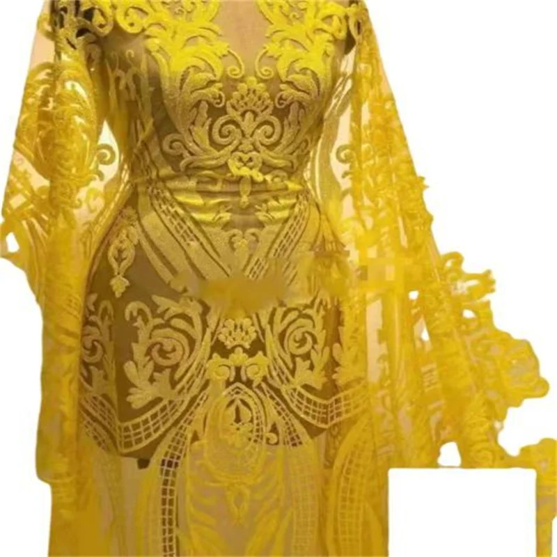 

2022 Yellow Guipure Lace Cord Lace Embroiderey African Cord Lace With Sequins High Quality Nigeria Lace Fabric For Wedding