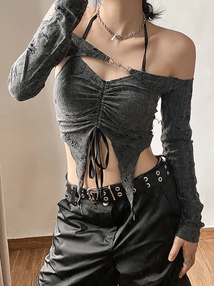 

2023 Vintage Mall Gothic Drawstring Women T-shirts 2 Piece Set Y2k Retro Fairy Grunge Camisole Long Sleeve Buckle Crop Tops