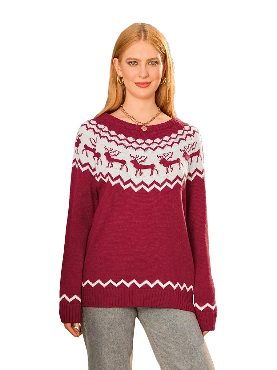 Женский рождественский свитер с оленями винтажный свободный пуловер круглым