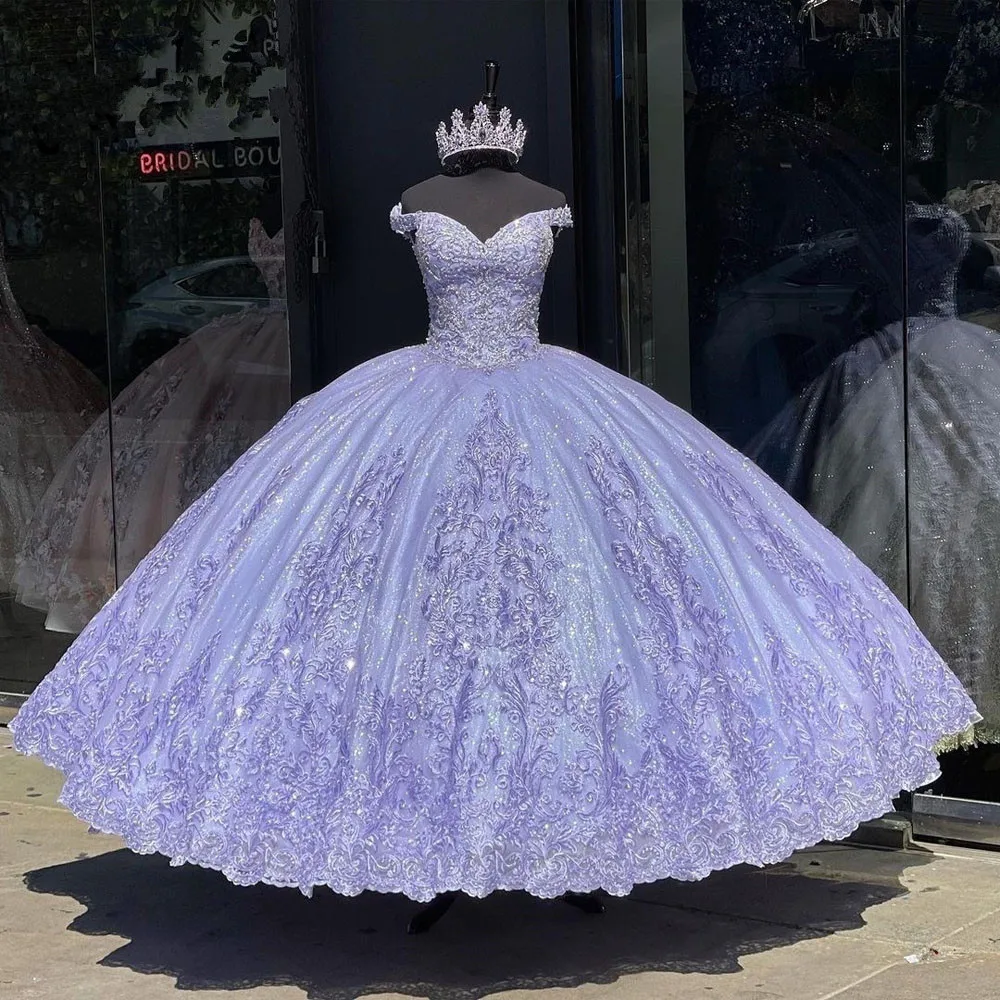 

Сиреневое Лавандовое платье с аппликацией из бисера, платье для Quinceanera с открытыми плечами, корсет принцессы на шнуровке для выпускного вечера, милые платья 15