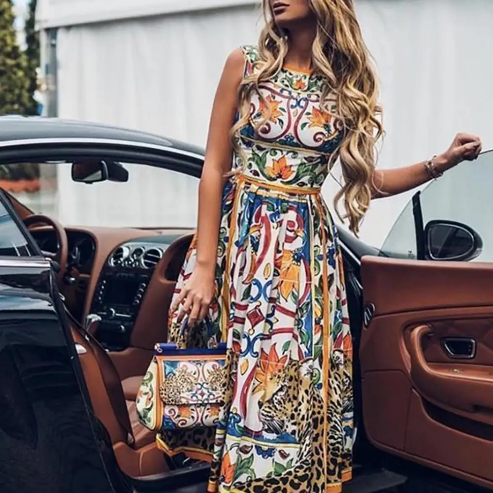 

Ladies Stylish Elegant Large Hem Dress Vintage Midi Dress Fashion Print for Travel
