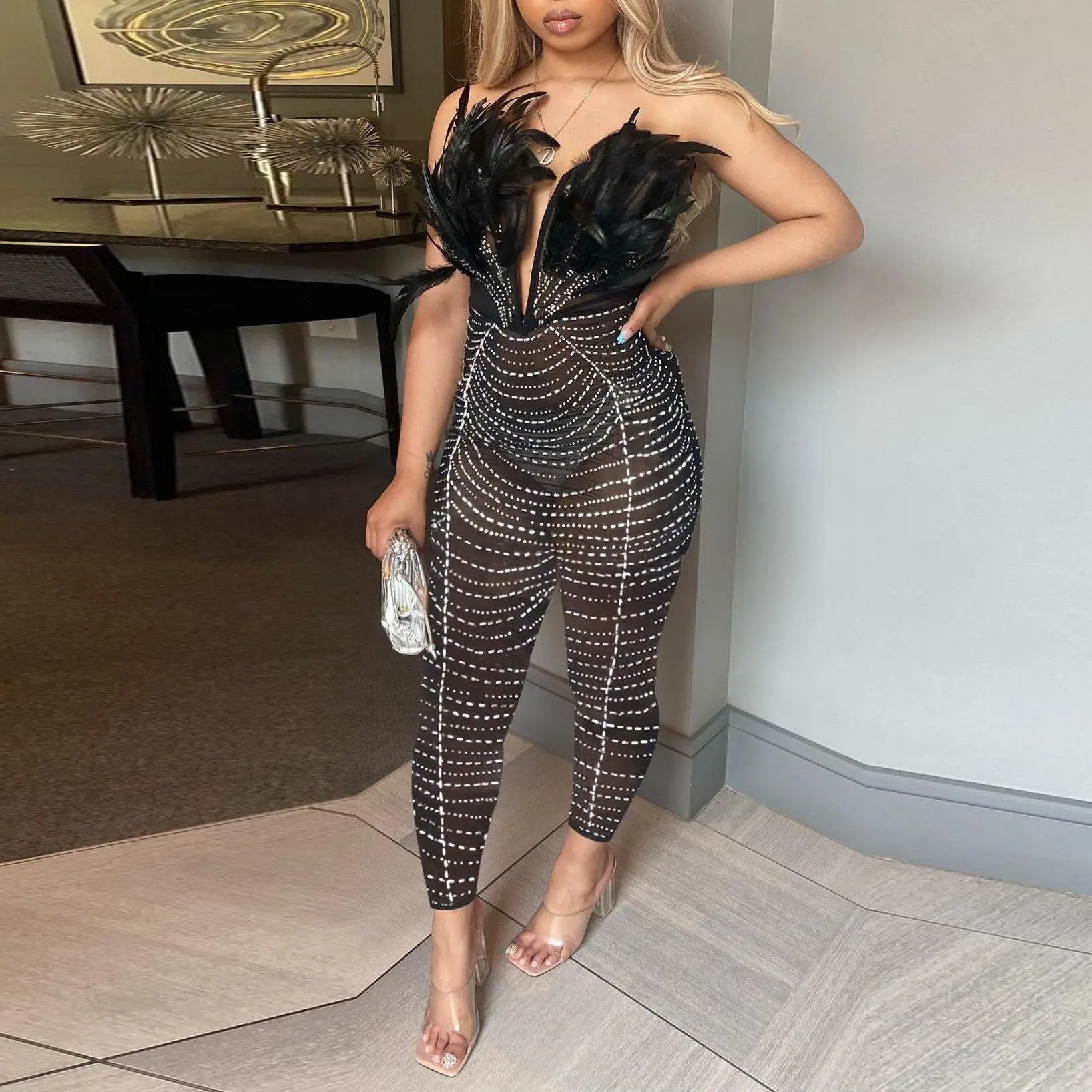Plus Size Rhinestone Party Jumpsuit Feather Mesh One Piece Cloth Female Pencil Pants 2023 Summer Women Fashion Elegant Jumpsuits