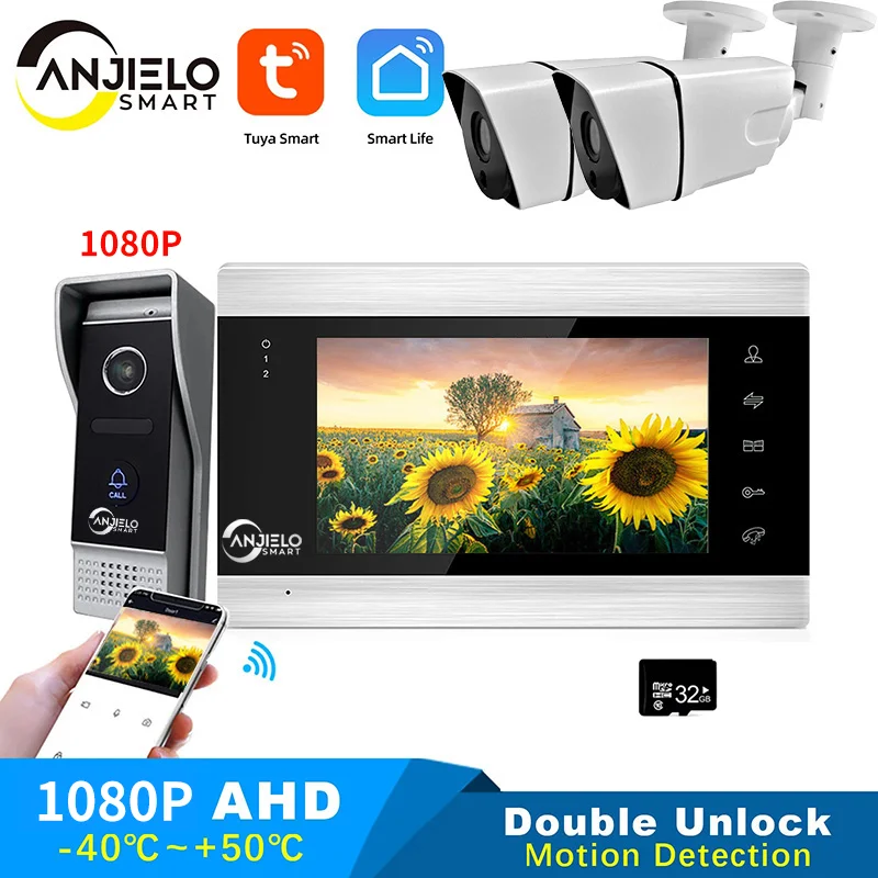 Tuya Smart  1080P AHD  7 Inch Screen with Wide Angle Doorbell Video Door Phone Intercom System Mobile Phone App Remote Control