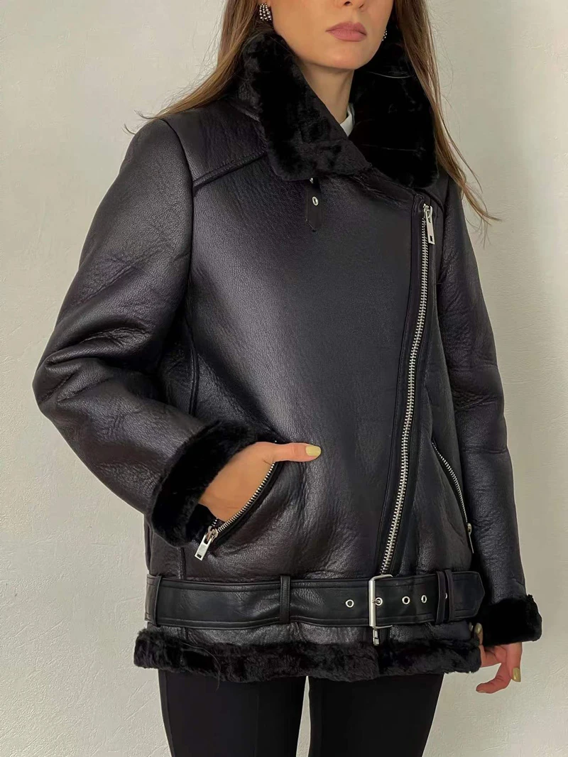 New Winter Coats Women Thick Faux Leather Fur Sheepskin Coat Female Fur Leather Jacket Aviator Jacket Casaco Feminino trf