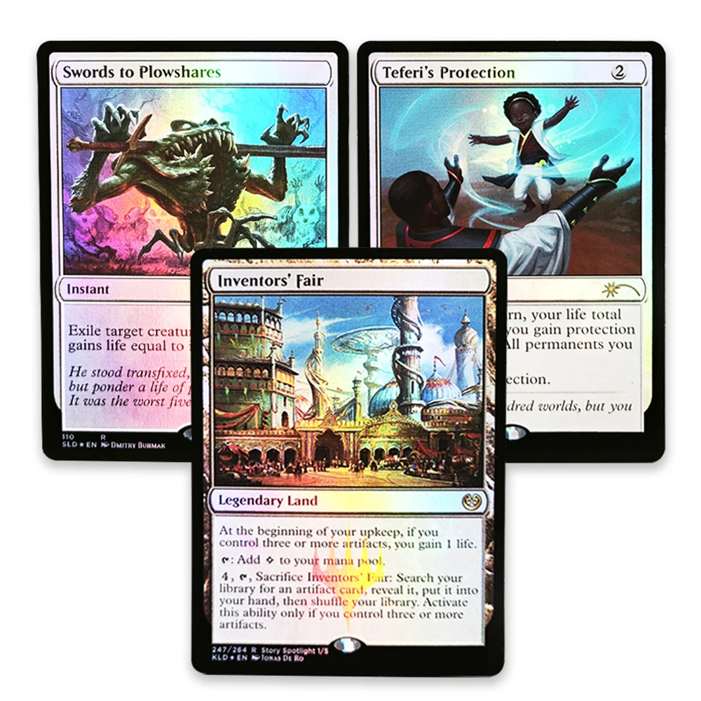 Фото Коллекционные карты TCG: Редкие магические фольгированные карты — Выставка изобретателей/Мечи, превращенные в плужа/Защита Тейфериса — Игрушки, хобби, подарки для мальчиков №1