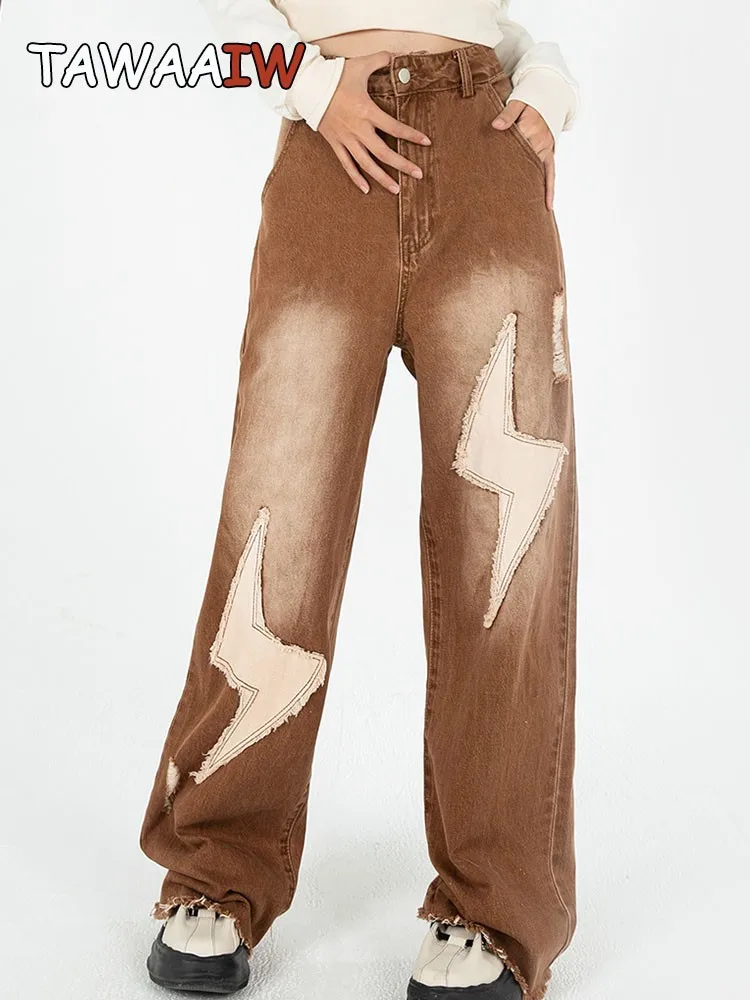 

Женские свободные джинсовые брюки Tawaaiw, американские ретро-брюки с молнией и вышивкой, модель Y2k