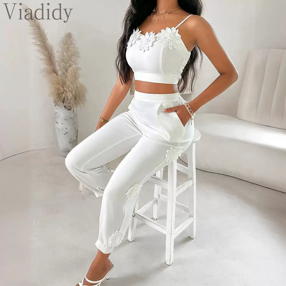 Женский Повседневный однотонный топ на бретельках с цветочным принтом и брюки