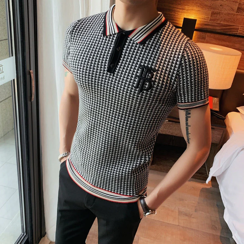 

British Style Thousand Bird Check Men Polo Shirt Embroidery Slim Fit Knitted TShirt Lapel Polo Social Club Outfits Camisa Hombre