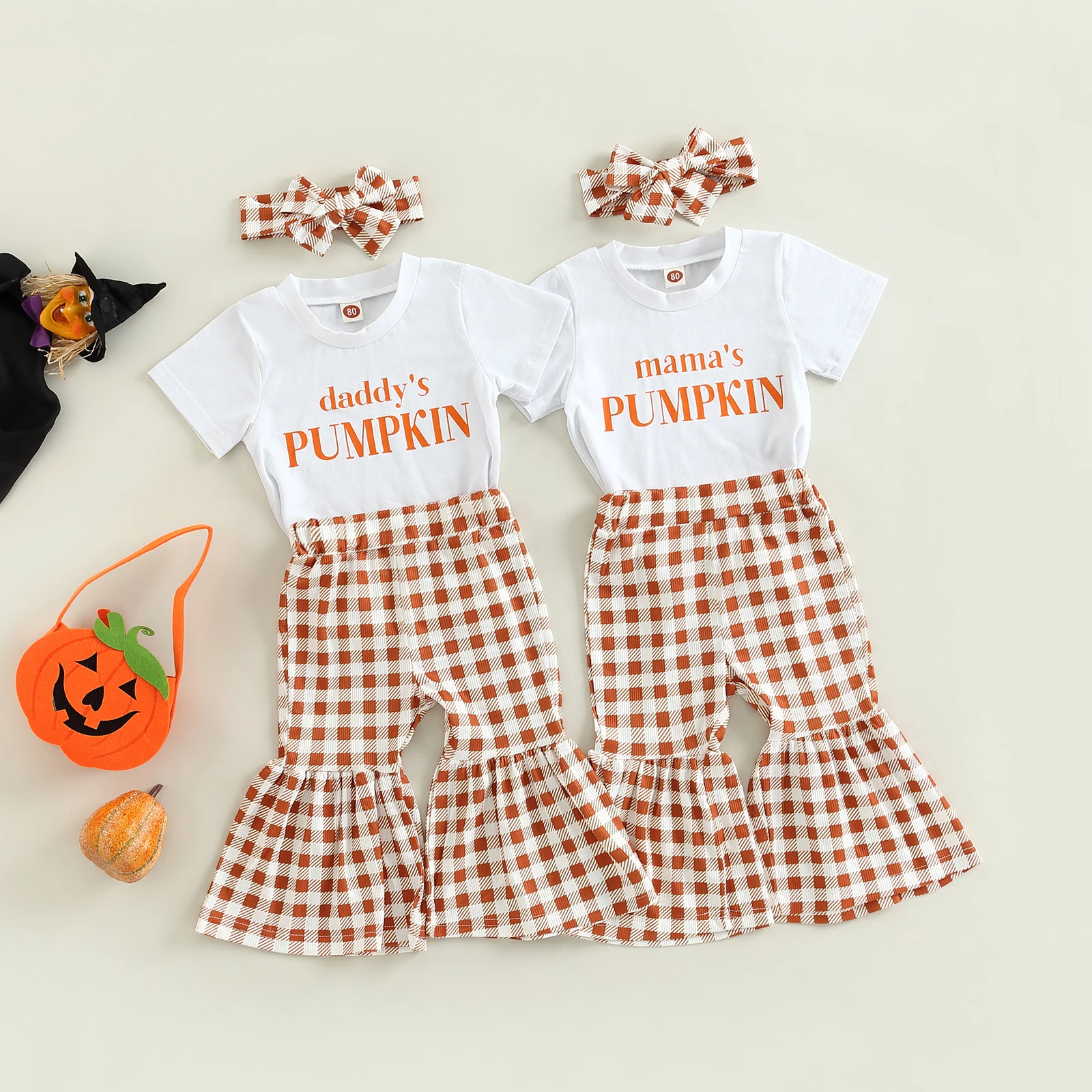 

TR New Summer Halloween Kid Girls Pants Set Letters Print T-shirt Plaid Flare Pants and Plaid Headband Clothes
