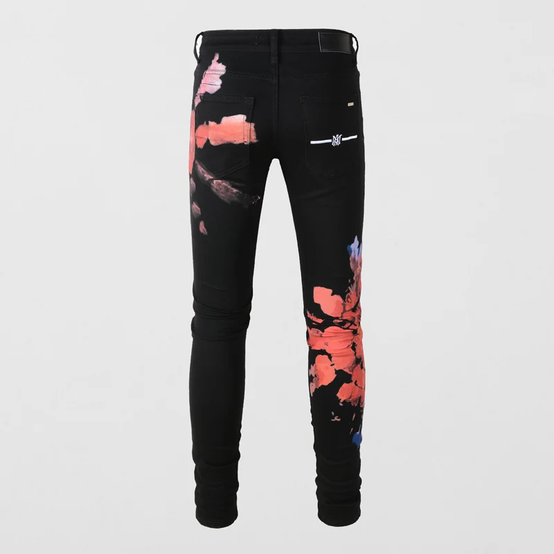 High Street Fashion Men Jeans Black Elastic Stretch Skinny Fit Printed Jeans Men Painted Designer Hip Hop Brand Pants Hombre