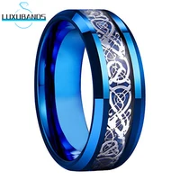 8MM Tungsten Wedding Ring For Men Wemen Beveled Edges Blue Dragon Carbon-Fiber Inlay Polished Finished Comfort Fit