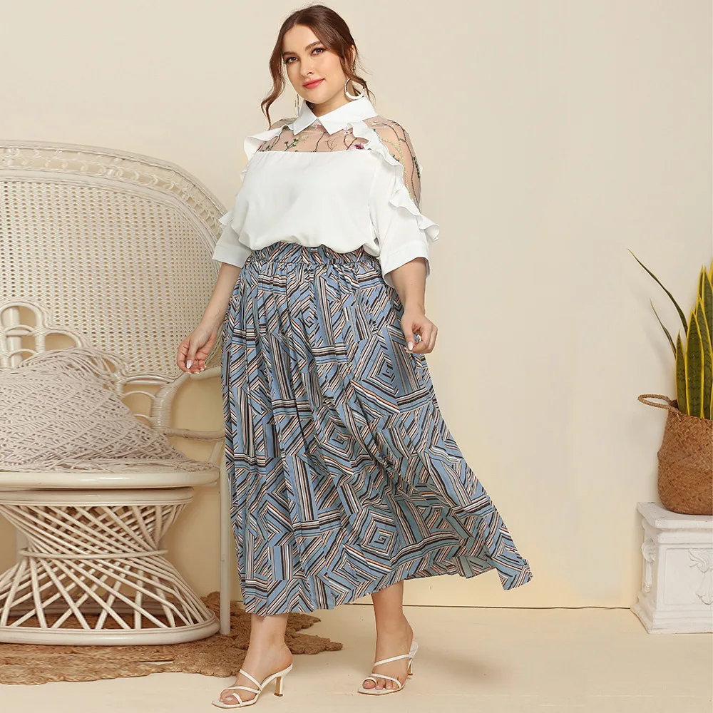 Elegant Luxury Plus Size Women Clothing Autumn Fashion Casual Geometric Print Pleated Skirt Loose Fit 2022 XL-4XL Oversized