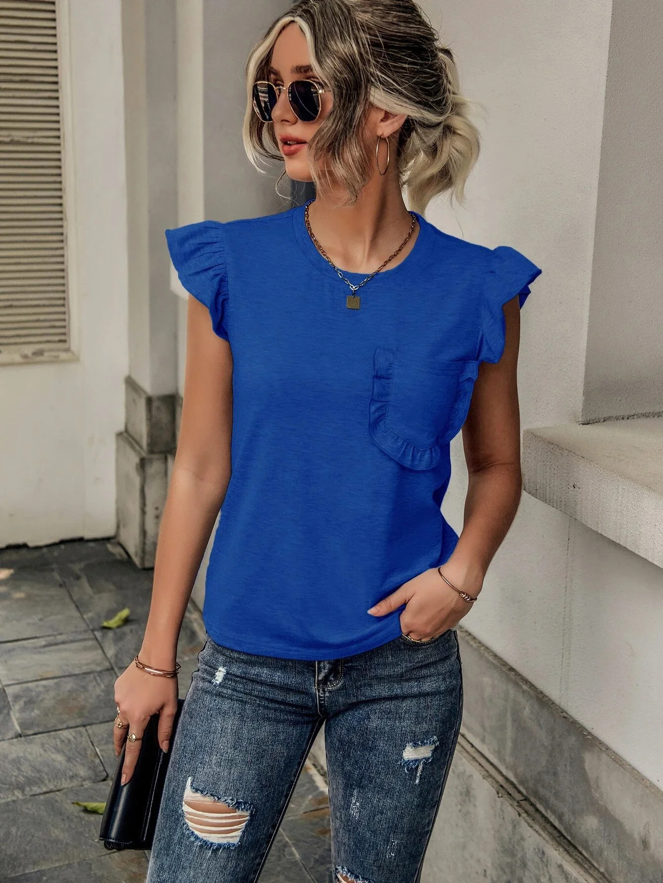 

Ruffle Trim Pocket Patched Tee