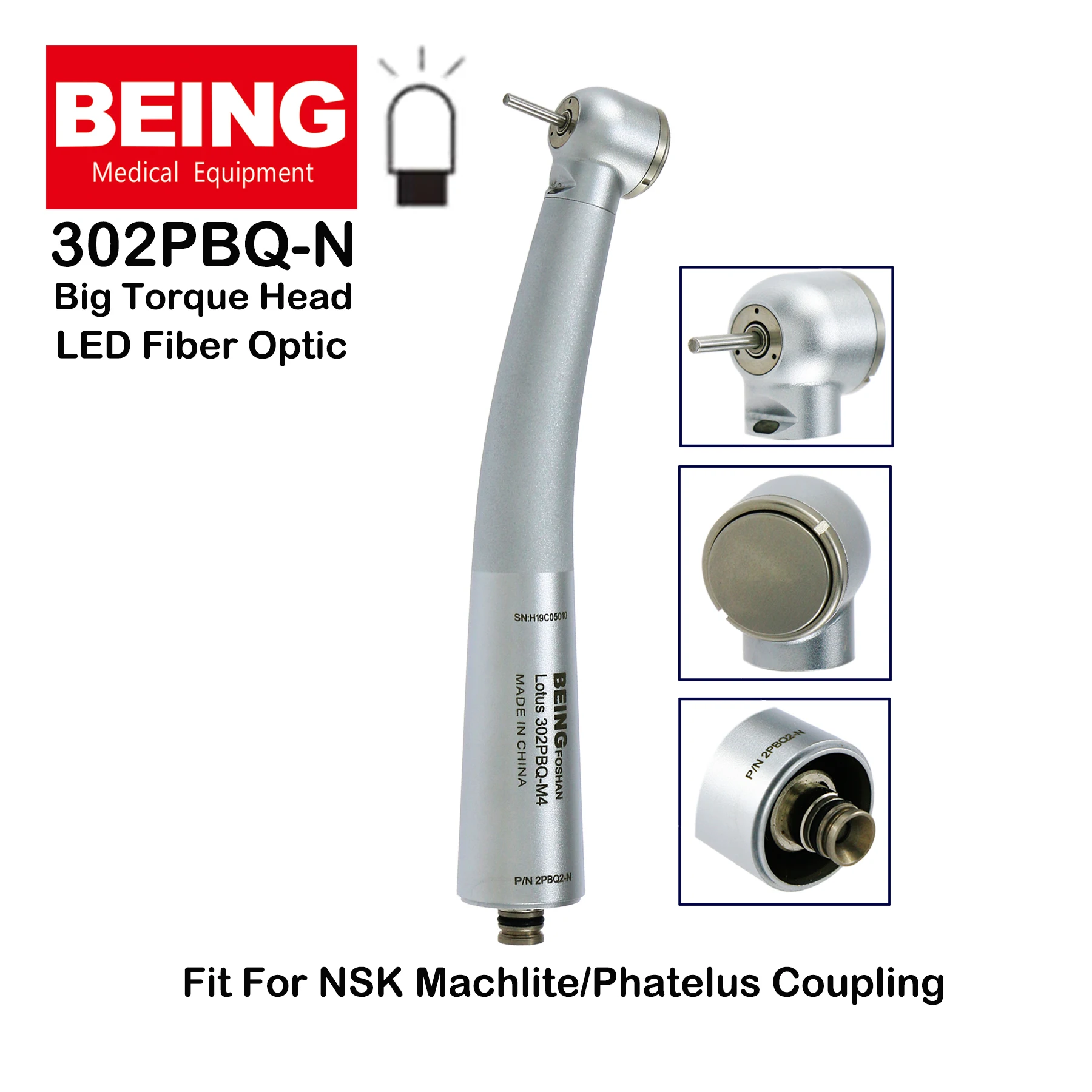 

BEING Dental LED Fiber Optic High Speed Big Torque Head Air Turbine Handpiece 302PBQ-N Fit NSK Phatelus Machlite Coupling