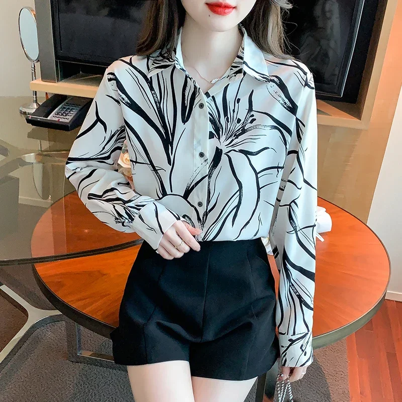 

Chiffon Casual Women's Shirt Zebra Printed FASHION Blouses Spring/Summer Full Polo-neck Clothing Loose Stripes Tops YCMYUNYAN