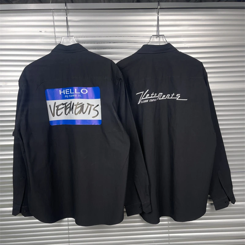 

23ss New Vetements Shirts Letter Logo HELLO Blue Box Label Long Sleeve Cardigan Pocket Print Black VTM Shirt for Men Women