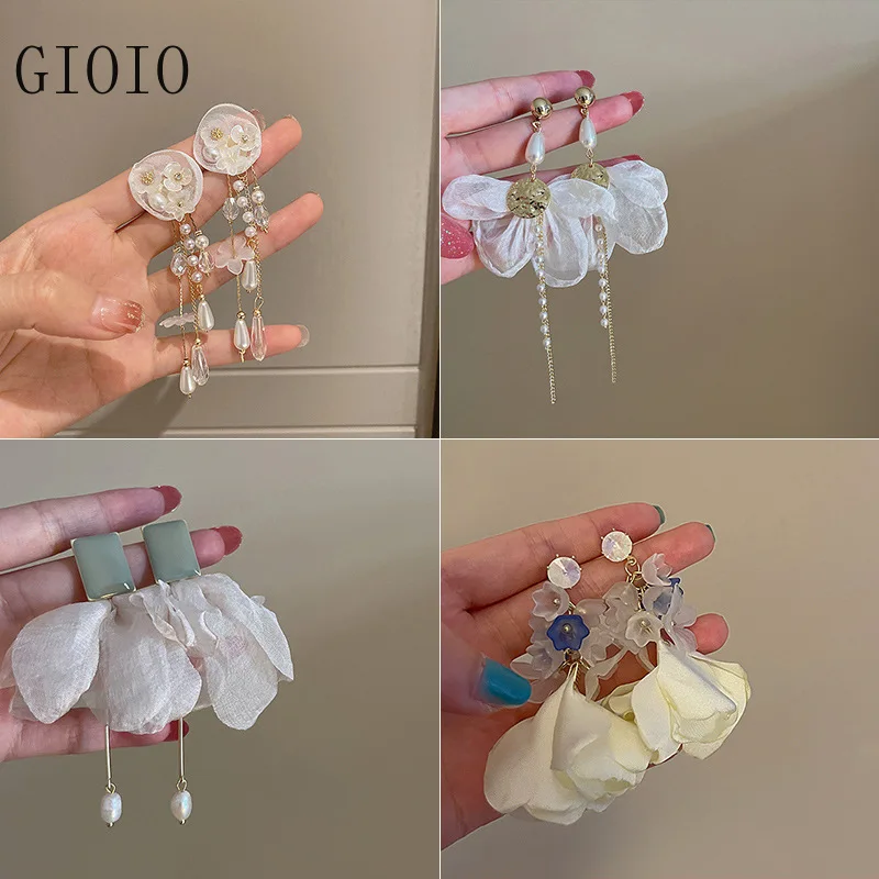 

925 Silver Needle Lint Bowknot Pearl Pendant Earrings Women's Korean-Style Fashionable Long Earrings Super Fairy Earrings boho
