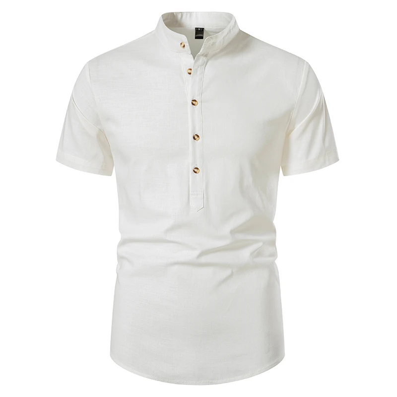 

2022 summer men's short-sleeved t-neck top linen button beach cool and refreshing casual short T top