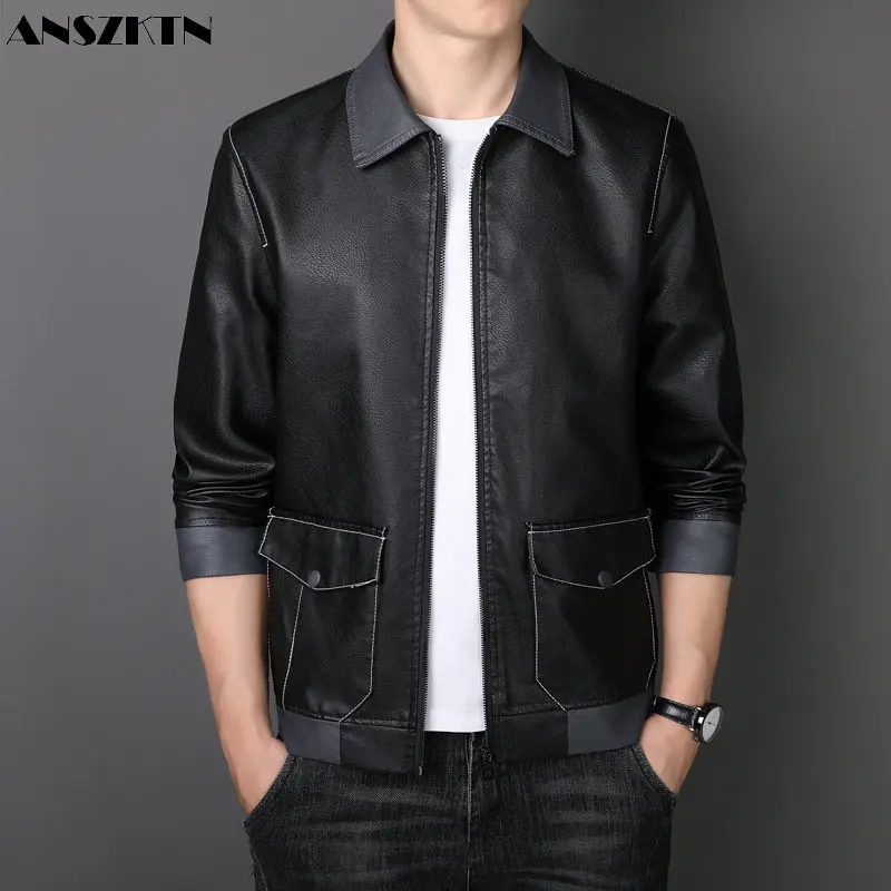 

ANSZKTN Spring and autumn thin leather coat men's coat new men's jacket fashion youth casual top size