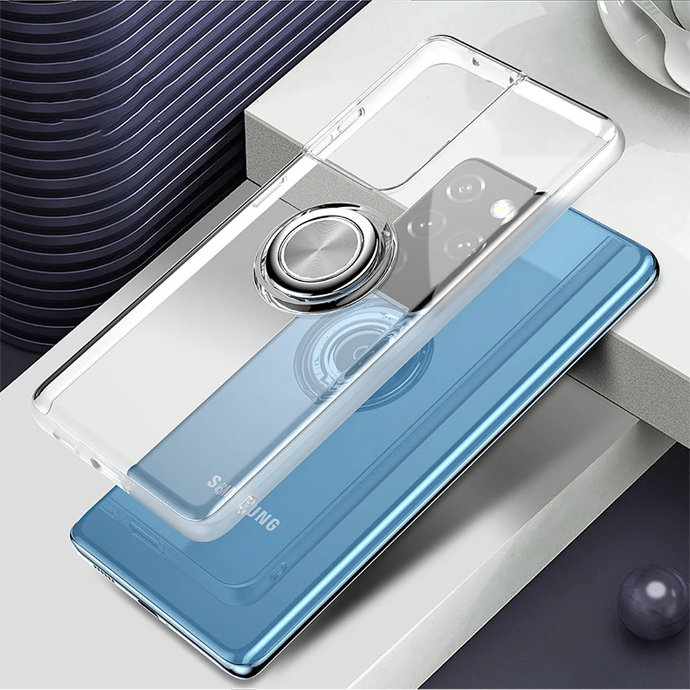 

100Pcs Ring Magnetic Holder Phone Case Anti-fall Protective Transparent Shell For Samsung S21 Plus Ultra S20 NOTE20 iPhone 11 12