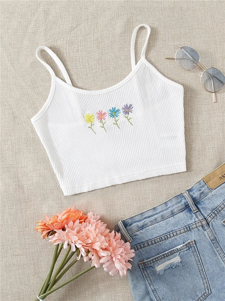 

White Cute Floral Embroidered Spaghetti Strap Crop Top Summer Backless Rib Knit Bodycon Cami Tops Tee Shirt Y2K Clothes Street