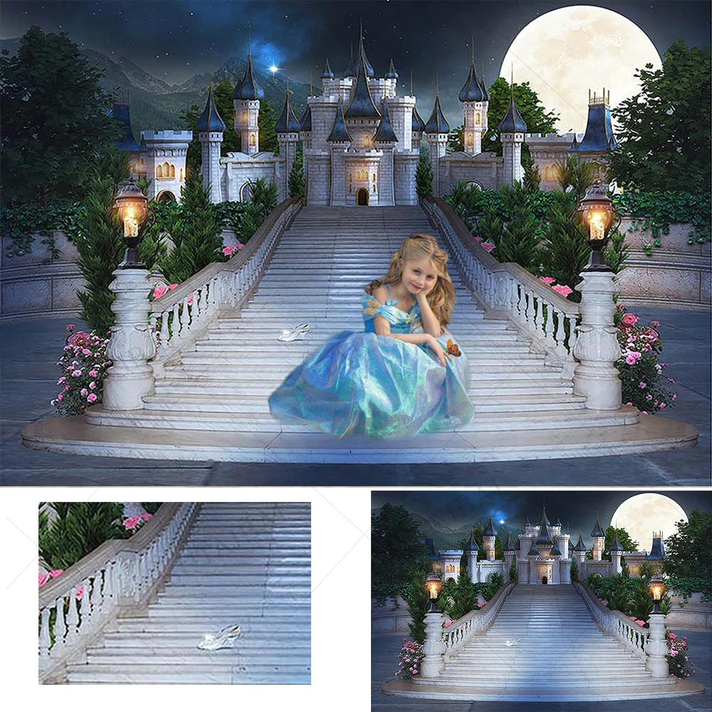 

Фон для студийной фотосъемки с изображением ночного замка лестницы Луны сказочной хрустальной обуви