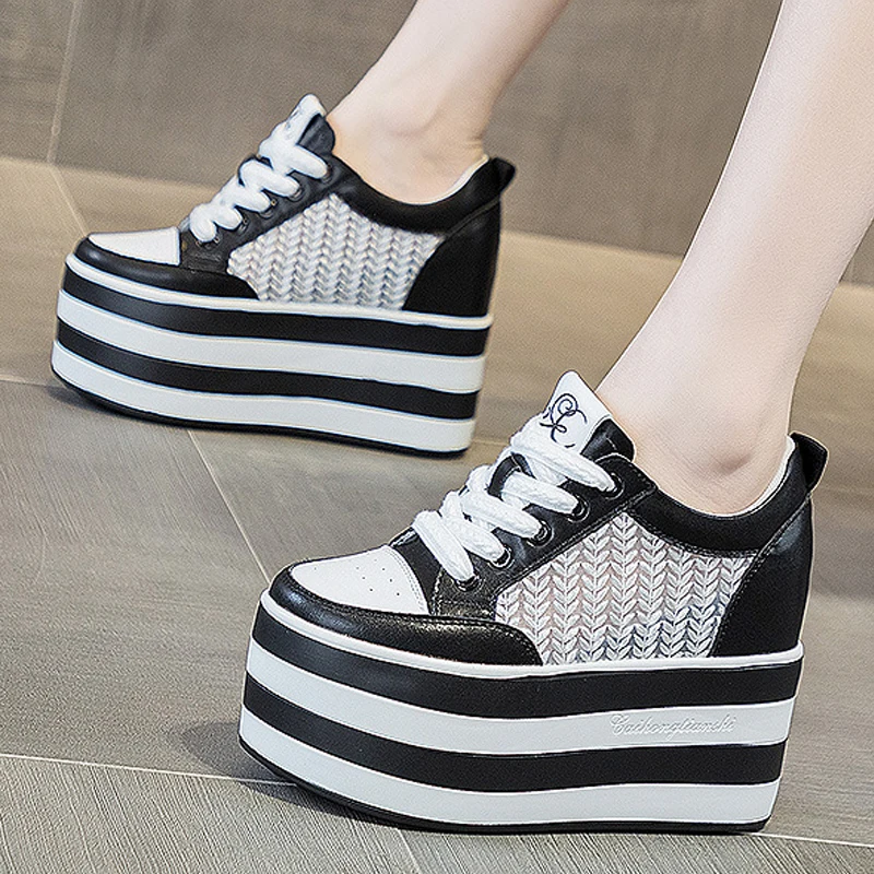 Genuine Leather 12cm Air Mesh Chunky Sneakers Wedge Platform Lace Breathable Heels Hollow Shoes Vulcanized Summer Women Shoes