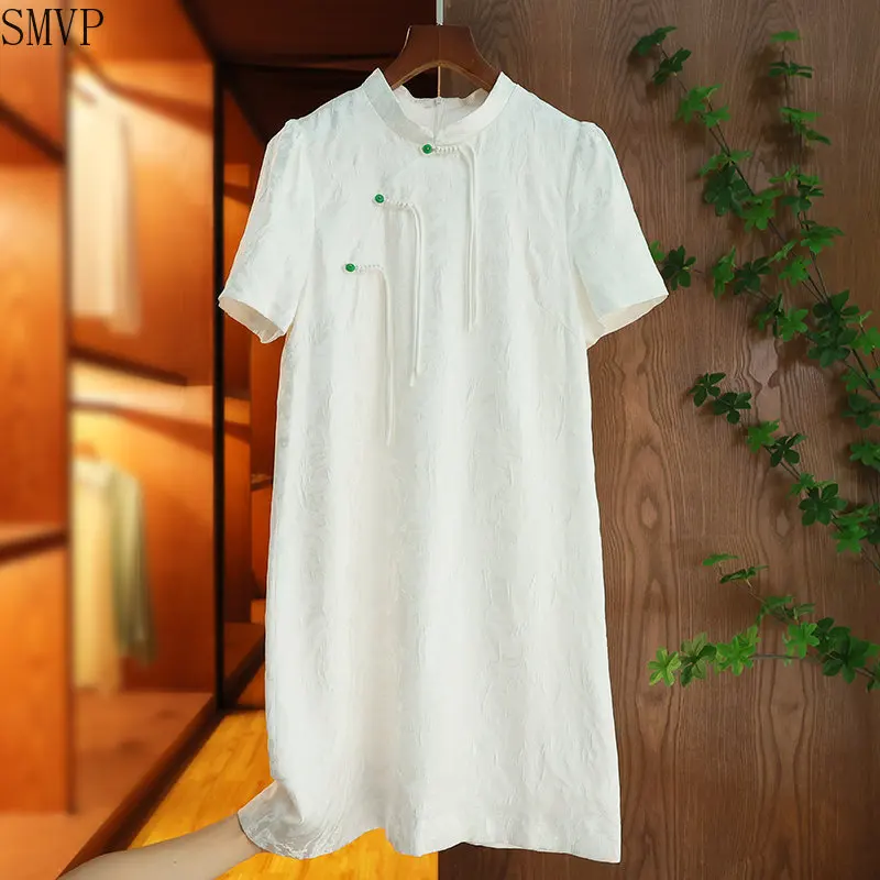 

Новинка, жаккардовое платье-Ципао в китайском стиле с розами, женское платье ручной работы, прямая короткая юбка средней длины на пуговицах