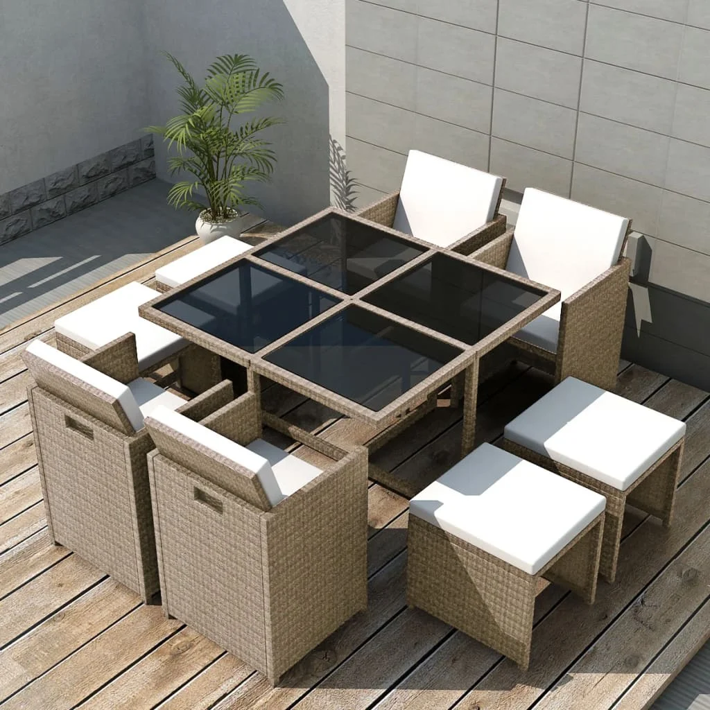 

9 Piece Patio Dining Set with Cushions Poly Rattan Beige
