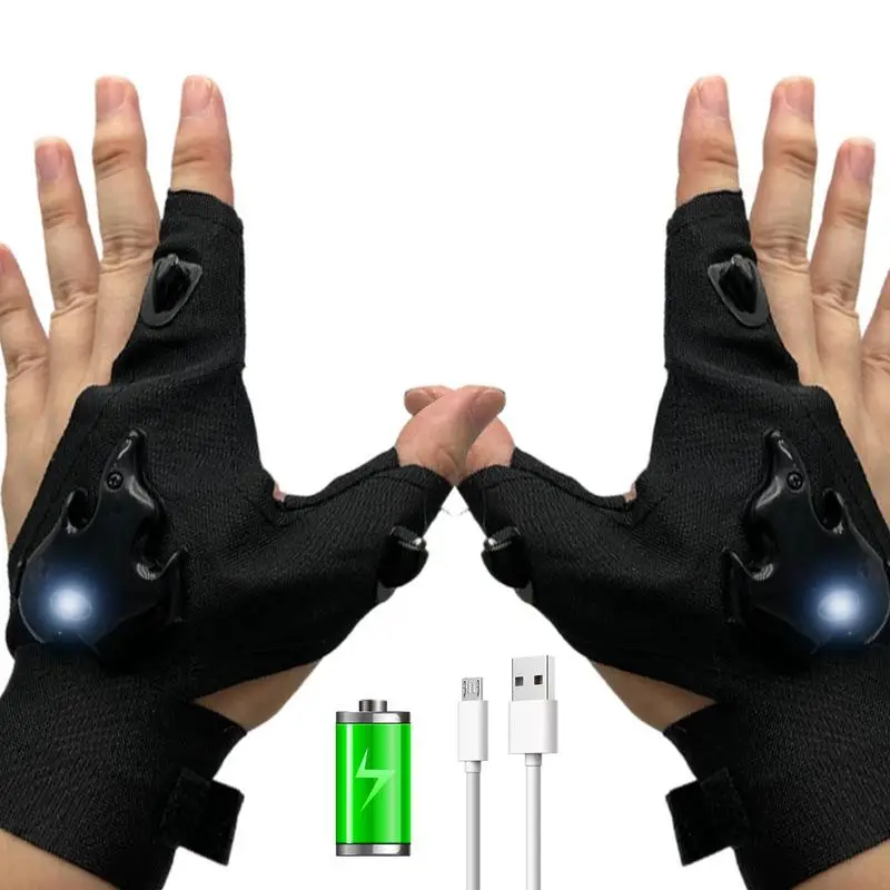 

1 Pair Outdoor Fishing Magic Strap Fingerless Gloves Night Light Waterproof Fishing Gloves With LED Flashlight Rescue Tools