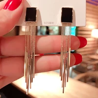 2022 korean vintage glossy arc bar long tassel drop earrings for women gold color fashion jewelry luxury hanging pendientes
